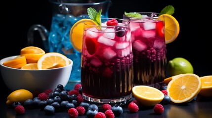 Refreshing fruit sangria juice in jug with different fruits 