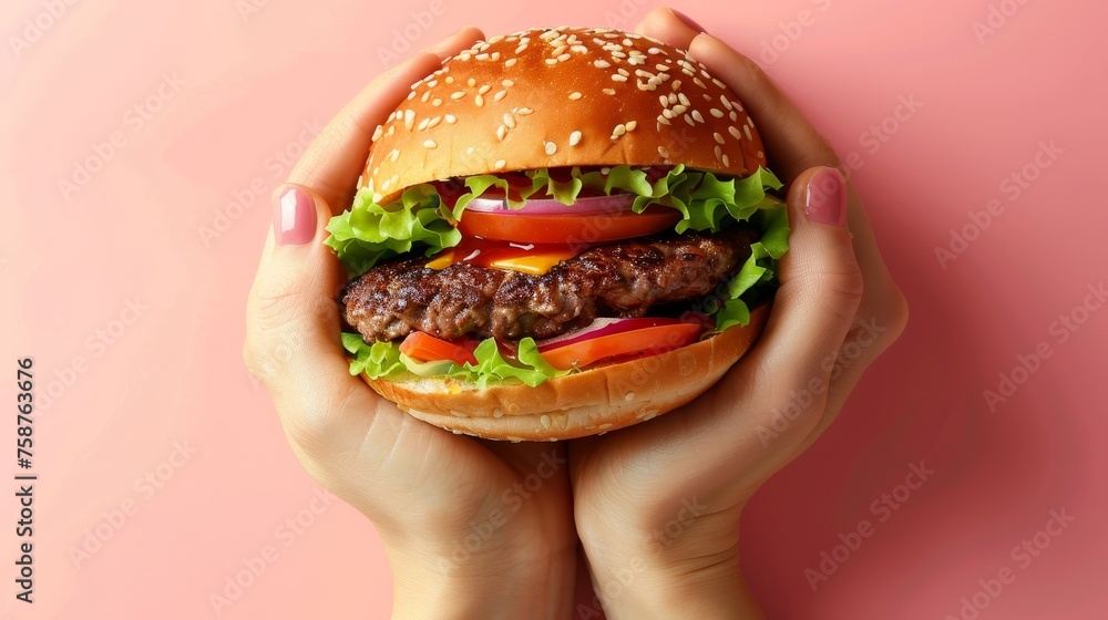 Poster hands holding burger on soft colored backdrop with ample space for text placement