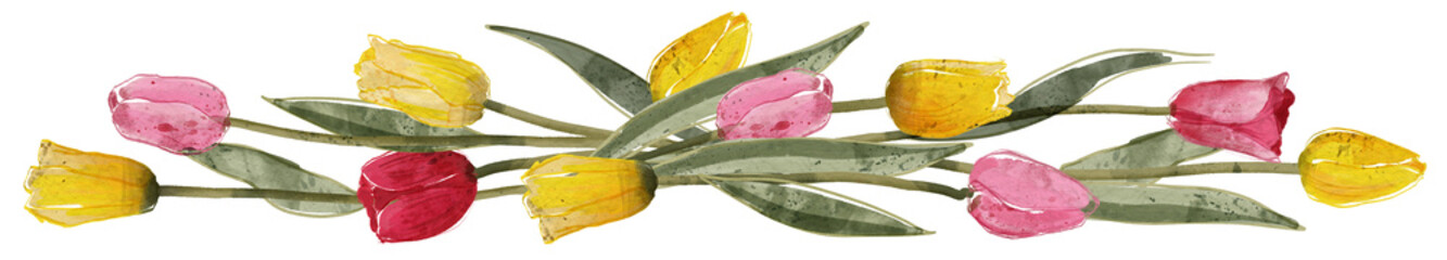 Pink and yellow tulips border. PNG transparent design element - 758763615