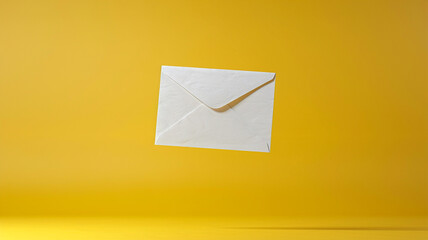 A white envelope floating in the air on a yellow background - 758763638