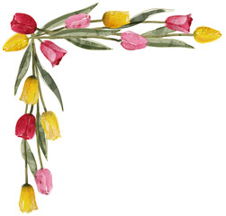 Pink and yellow tulips corner. PNG transparent design element - 758763643