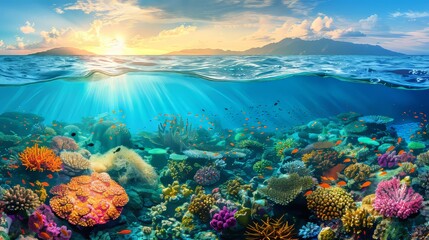 Golden hour sunset over great barrier reef coral ecosystem in queensland seascape - obrazy, fototapety, plakaty