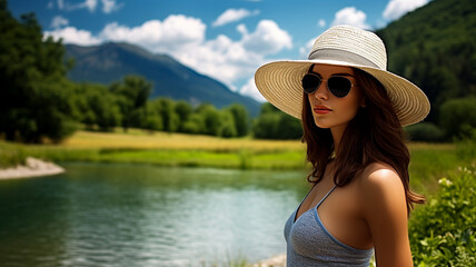 Woman in hat and bikini at outdoor nature for vacation Summer vacation travel in the countryside - 758763841