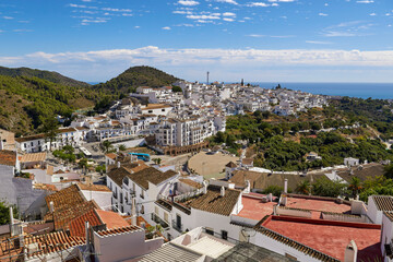 Panoramic view of the white village of Frigiliana on the Costa del Sol, Malaga
