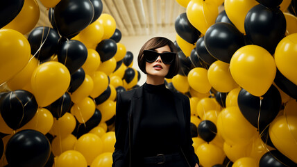 Young fashion woman shopping with yellow and black balloons background - 758764022