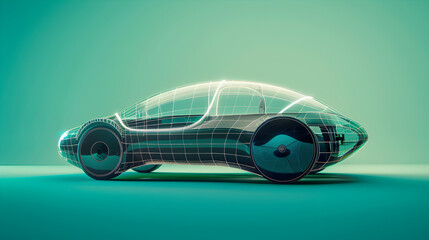 An electric car with a sleek design, visible through a semi - transparent overlay of digital...