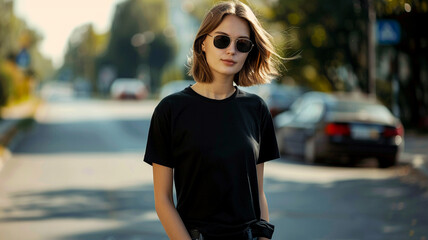 Young female model in a black T-shirt - 758764032