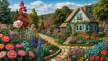 Fotobehang garden with tulips and lavender with house. painting © LoveLy