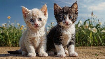 group of 2 kittens on the grass