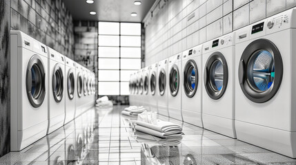 Commercial Laundry Equipment, Industrial Washing Machines in a Row, Modern Cleaning Technology for Business - obrazy, fototapety, plakaty