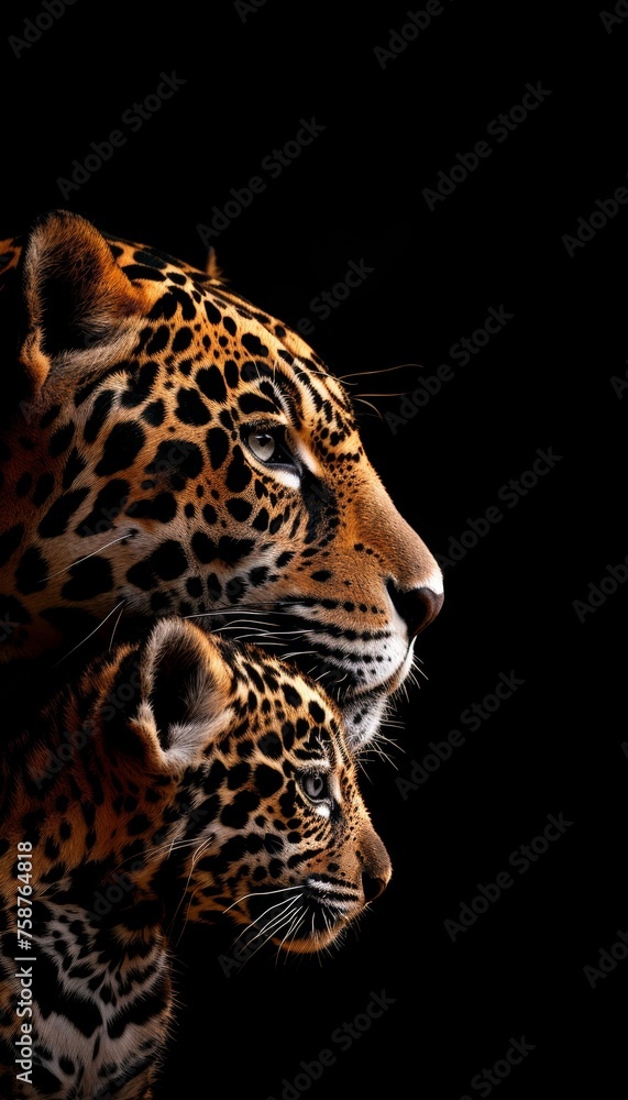 Aufkleber male jaguar and cub portrait with space for text, object on right side, ideal for adding captions