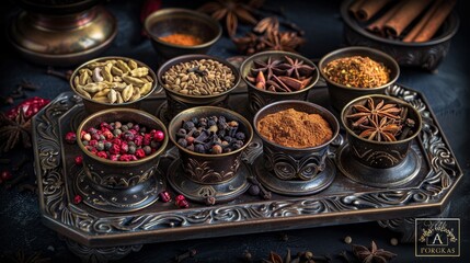 Vibrant spice palette with an array of various spices in artistic bowls creating a stunning display
