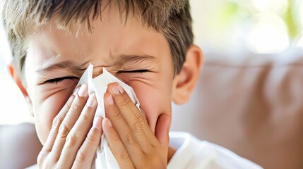 Close up of young boy with a cold blowing his nose into tissue for relief from illness - obrazy, fototapety, plakaty