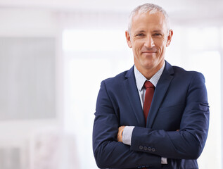 Crossed arms, office and portrait of senior businessman with confidence for career, job and...
