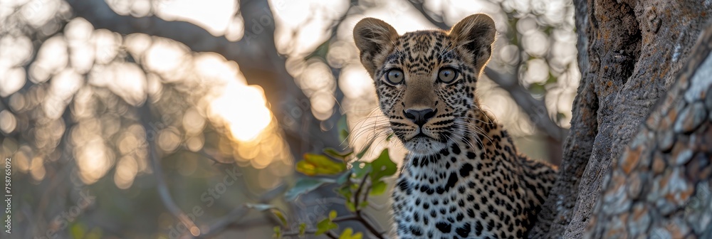 Poster male leopard and cub portrait with empty space for text, object on right side for balanced layout