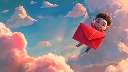 Chłopiec w locie w niebie trzymający czerwoną kopertę, która unosi się obok niego. W tle rozciąga się błękitne niebo z różowymi chmurami. - obrazy, fototapety, plakaty