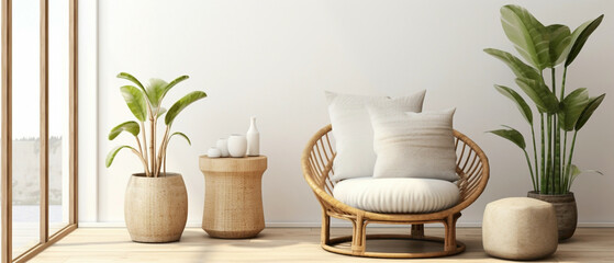 Delight in the boho charm of a contemporary living room adorned with a wicker chair, floor vases,...