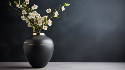 Flowers in a black vase on a black background. Funeral banner

