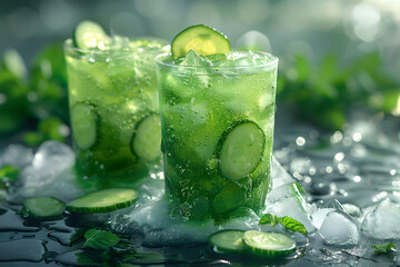 Glasses of Cucumbers on Ice