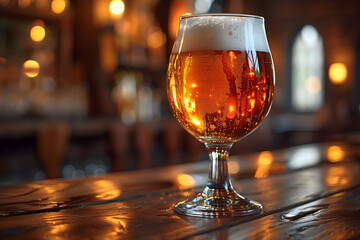 A Glass of Beer on a Wooden Table - obrazy, fototapety, plakaty
