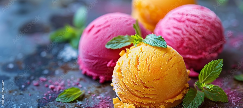 Poster colorful array of fruity gelato flavors arranged in an enticing and visually appealing display