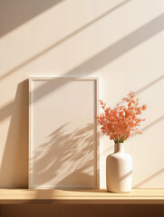 leaning frame mockup, natural colors, vase with flowers