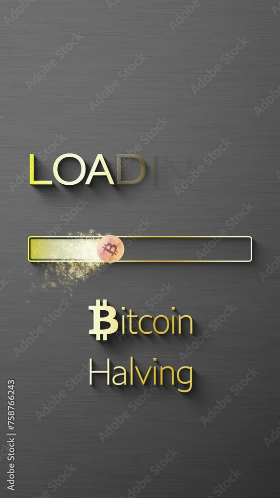 Poster vertical video animation of a loading bar for bitcoin halving - btc crypto coin cracked in two. rewa