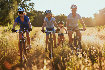 Fototapeta premium Family on a bicycle tour in the countryside (A.I.-generated)