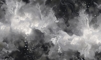 Cosmic dust cloud motif with shimmering shades of silver, gray, and black, suitable for apparel 