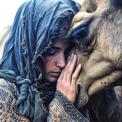 A woman in traditional attire shares a moment of silent communion and unspoken sadness with a gentle camel.