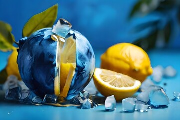 Blue painted lemon fruit with ice cubes on vibrant blue background. Creative summer food and drink...