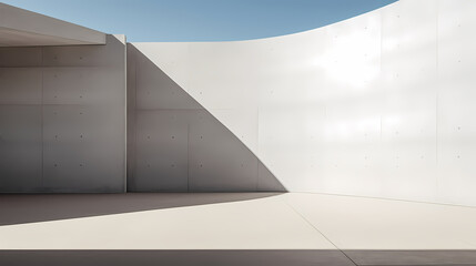 Modern building exterior with concrete wall and blue sky background