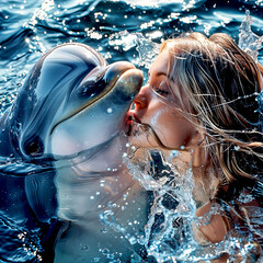 A moment of harmony captured as a woman shares a peaceful kiss with a dolphin in a sunlit spray of water.