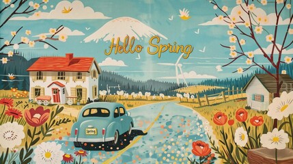 Hello Spring. Obraz ukazujący samochód zaparkowany przed tradycyjnym domem wiosennym. Scena przedstawiająca harmonię między architekturą budynku a czystą energią - obrazy, fototapety, plakaty