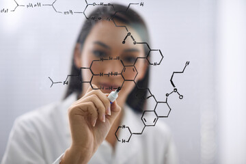 Board, hand and scientist drawing molecule for chemistry, research or analysis for solution in...