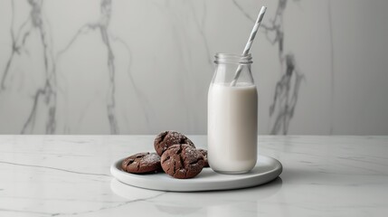 A glass of milk with straw is on a white plate with a few chocolate chip cookies. Minimal...