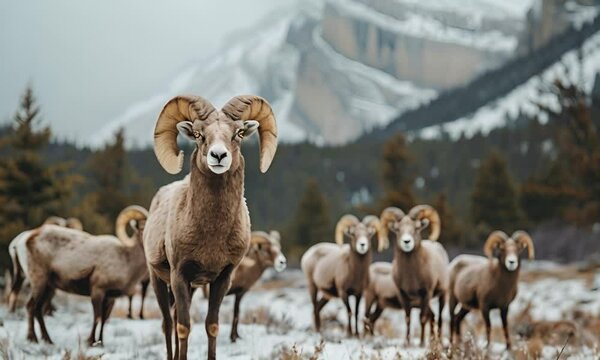 Flock of bighorn sheep with snowy mountains in the background. The concept of wildlife and species conservation.