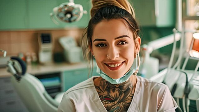 Slow motion portrait of a Latino female dental assistant with a large number of tattoos working in a dentist office wearing scrubs