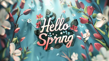 Na zdjęciu widoczne są słowa Hello Spring w centrum uwagi otoczone kwiatami, i zamazanym tłem, tworzą uroczą i nowoczesną  kompozycję na tle pastelowego tła.