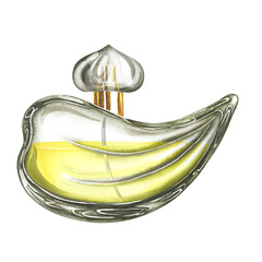 A perfume bottle made of transparent glass. Vintage yellow perfume. A hand-drawn watercolor illustration. Isolate her. For packaging, postcards and labels. For banners, flyers and posters.