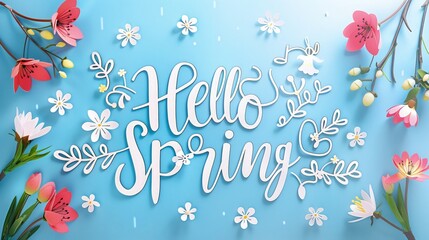 Na jasnoniebieskim tle znajdują się kwiaty i napis hello spring stworzony przywitanie w ręcznym stylu kaligraficznym. - obrazy, fototapety, plakaty