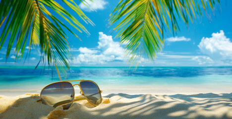 Sunglasses lying on a tropical sandy beach with palm trees, sea and blue sky - Travel, Vacation and Travel Agency - 758767460
