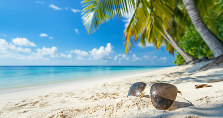 Sunglasses lying on a tropical sandy beach with palm trees, sea and blue sky - Travel, Vacation and Travel Agency - 758767464