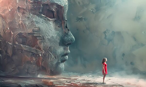 A little girl looking at a giant face statue. The concept of contrast and contemplation.