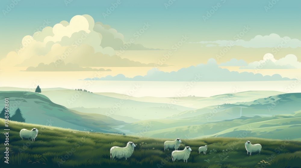 Poster generative ai a serene, fog-covered moorland with grazing sheep. cartoon graphic