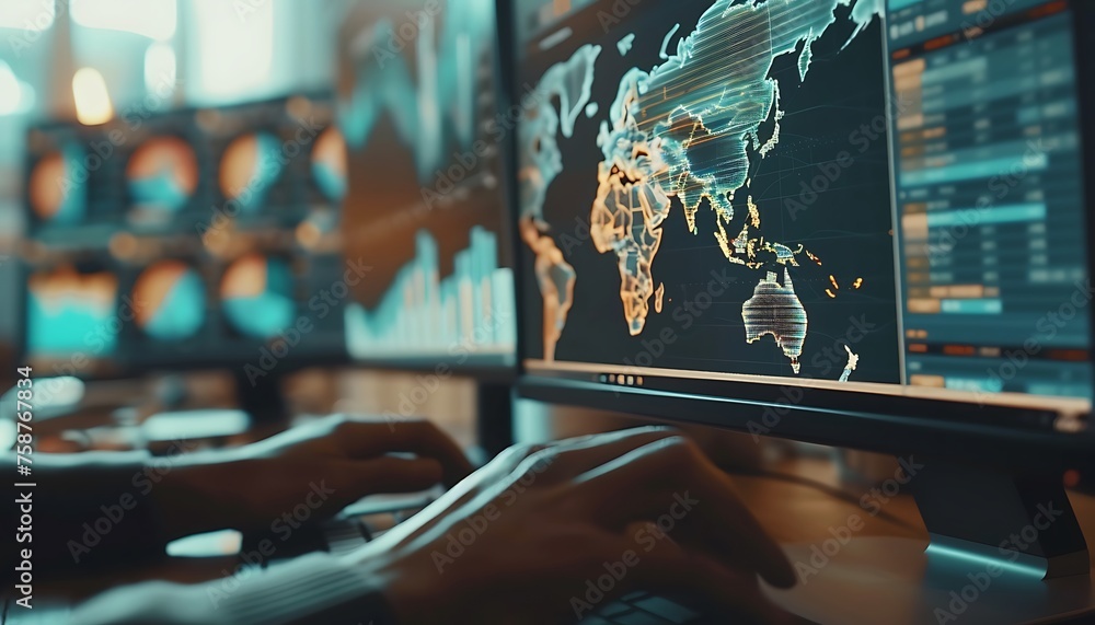 Aufkleber focused financial analyst, hands-on exploration of global market dynamics via computer dashboard