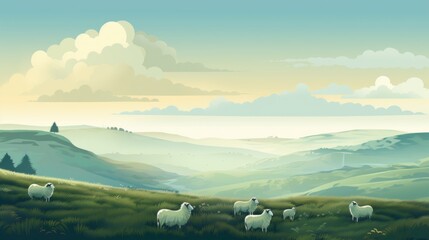 Generative AI A serene, fog-covered moorland with grazing sheep. cartoon graphic