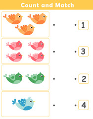 Counting educational children game. Math kids activity sheet. How many counting game with cute bird illustration.	