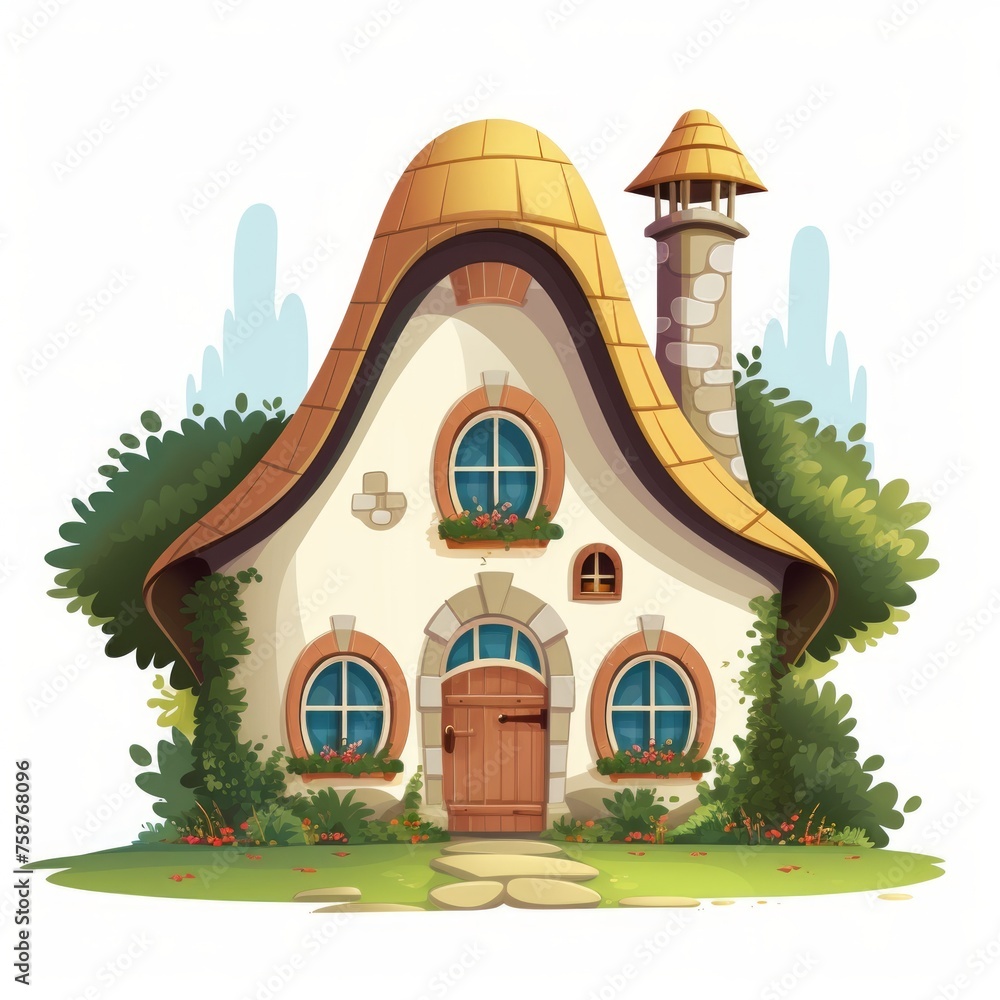Poster generative ai a cozy fairytale dwelling featuring a quaint chimney and arched windows.