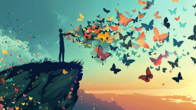 Person Unleashing Desires with Vibrant Butterflies